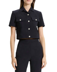 Theory - Seersucker Cropped Short Sleeve Jacket - blue - casual - jacket - clothing