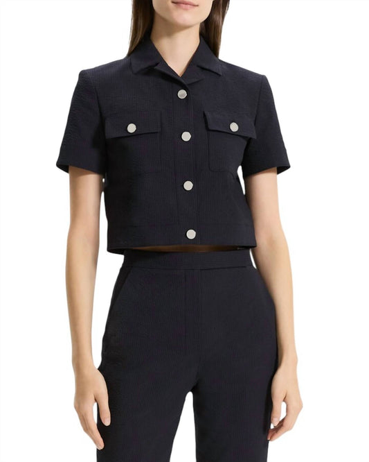 Theory - Seersucker Cropped Short Sleeve Jacket - blue - casual - jacket - clothing