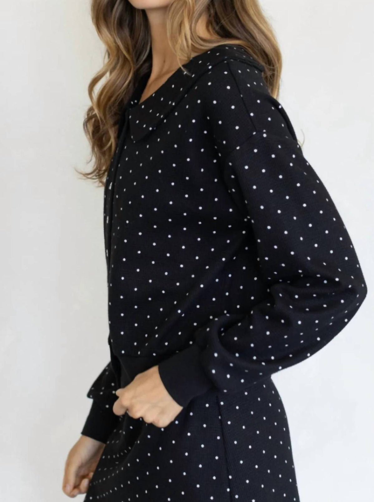 Things Between - Waffle Knit Polka Dot Peter Pan Collar Cardigan