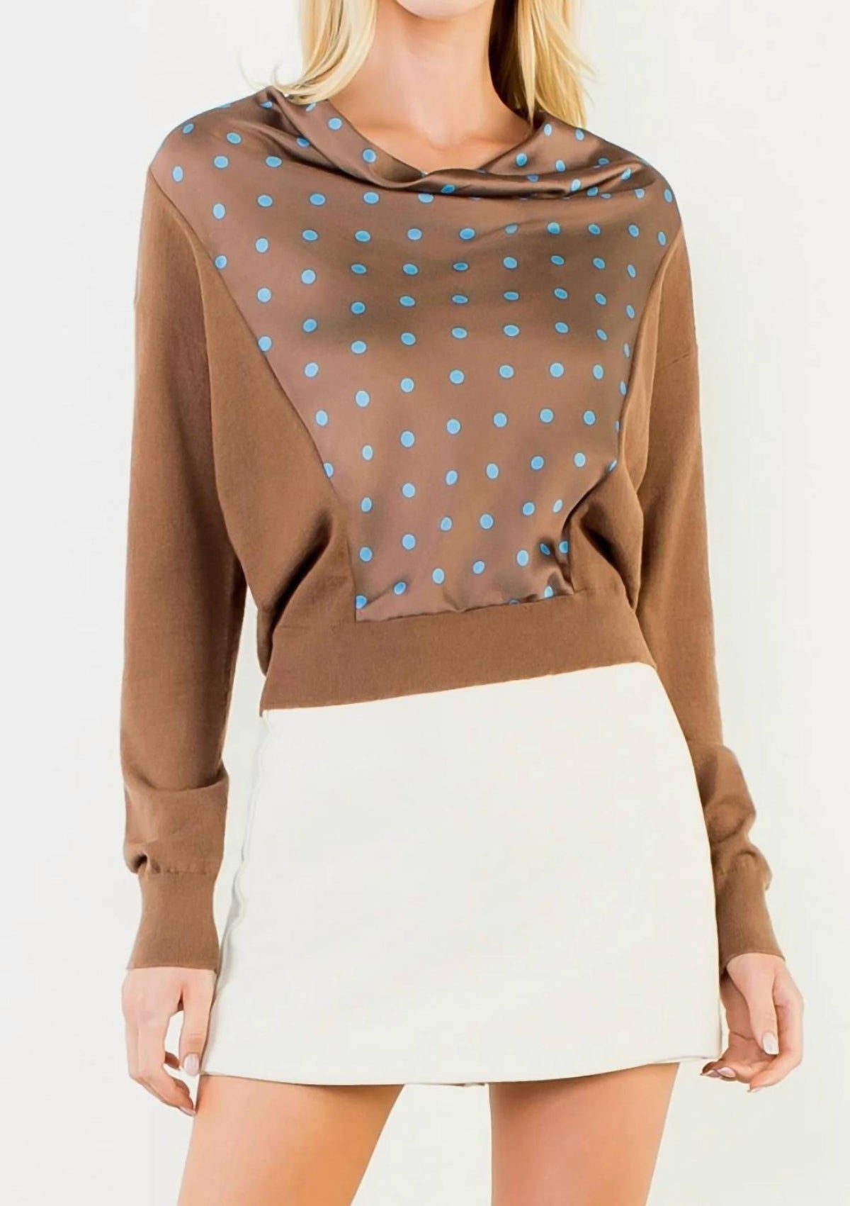Thml - Polka Dot Cowl Neck Mixed Media Top