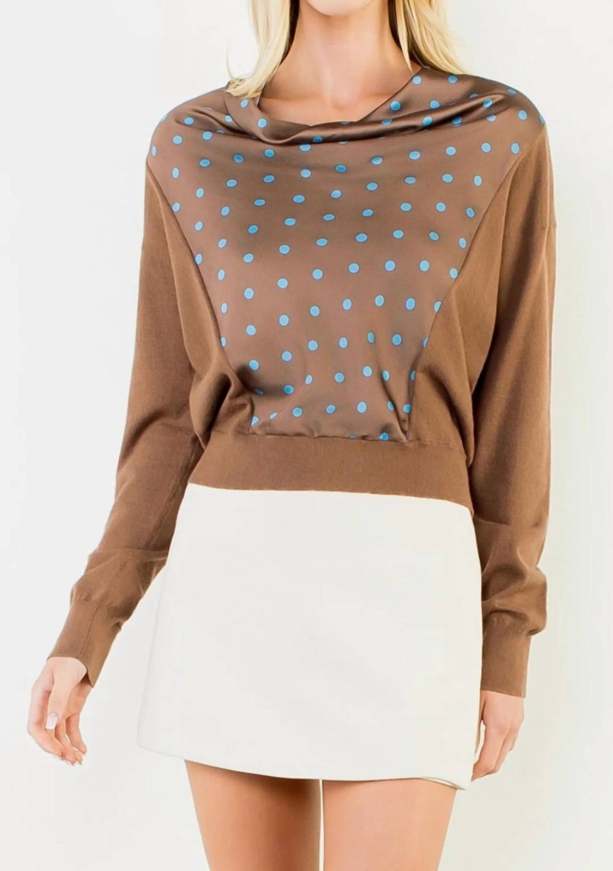 Thml - Polka Dot Cowl Neck Mixed Media Top