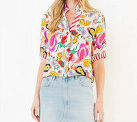 Thml - Printed V-Neck Button Stripe Cuff Top