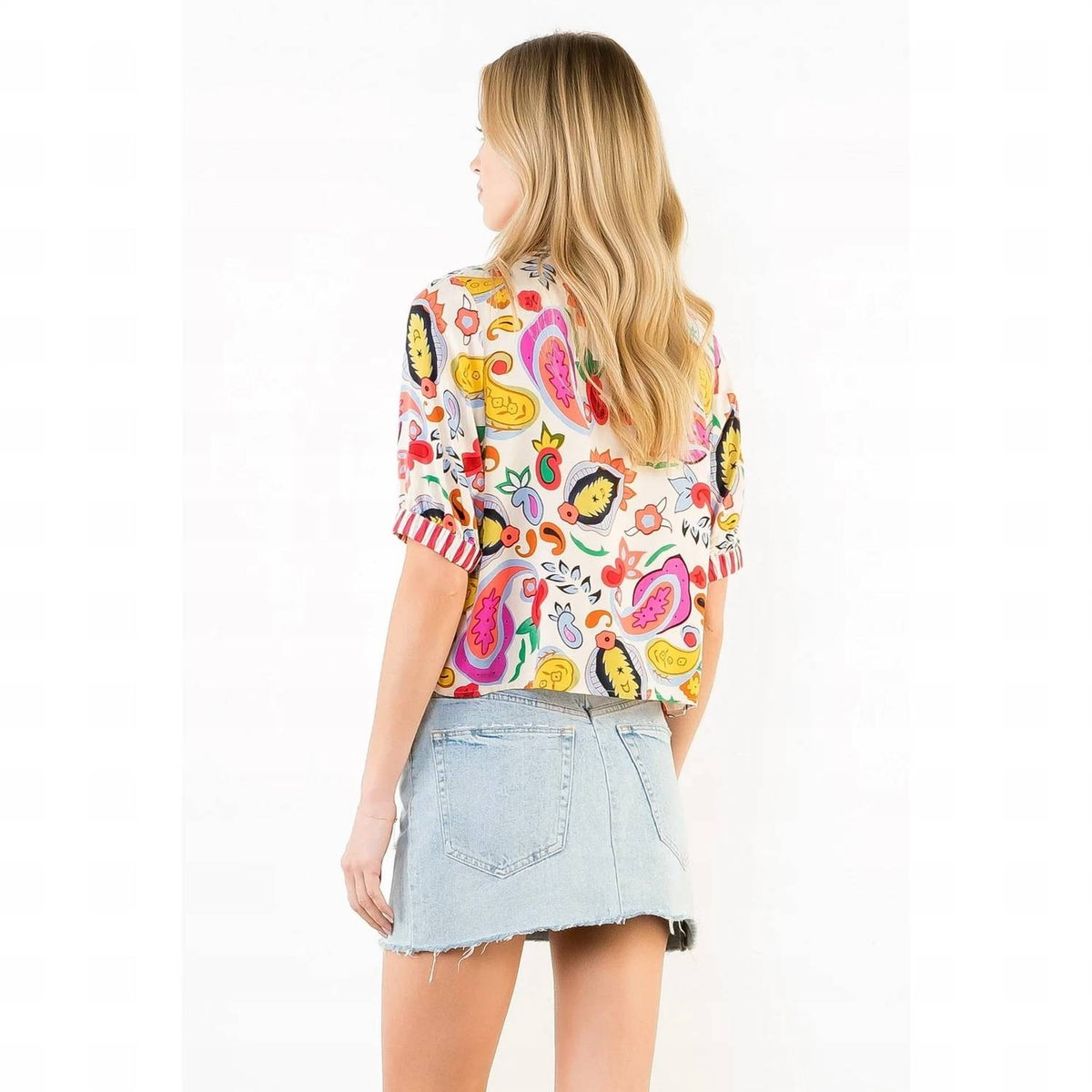Thml - Printed V-Neck Button Stripe Cuff Top