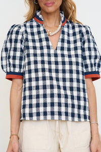 Thml - Puff Sleeve Checkered V-Neck Top