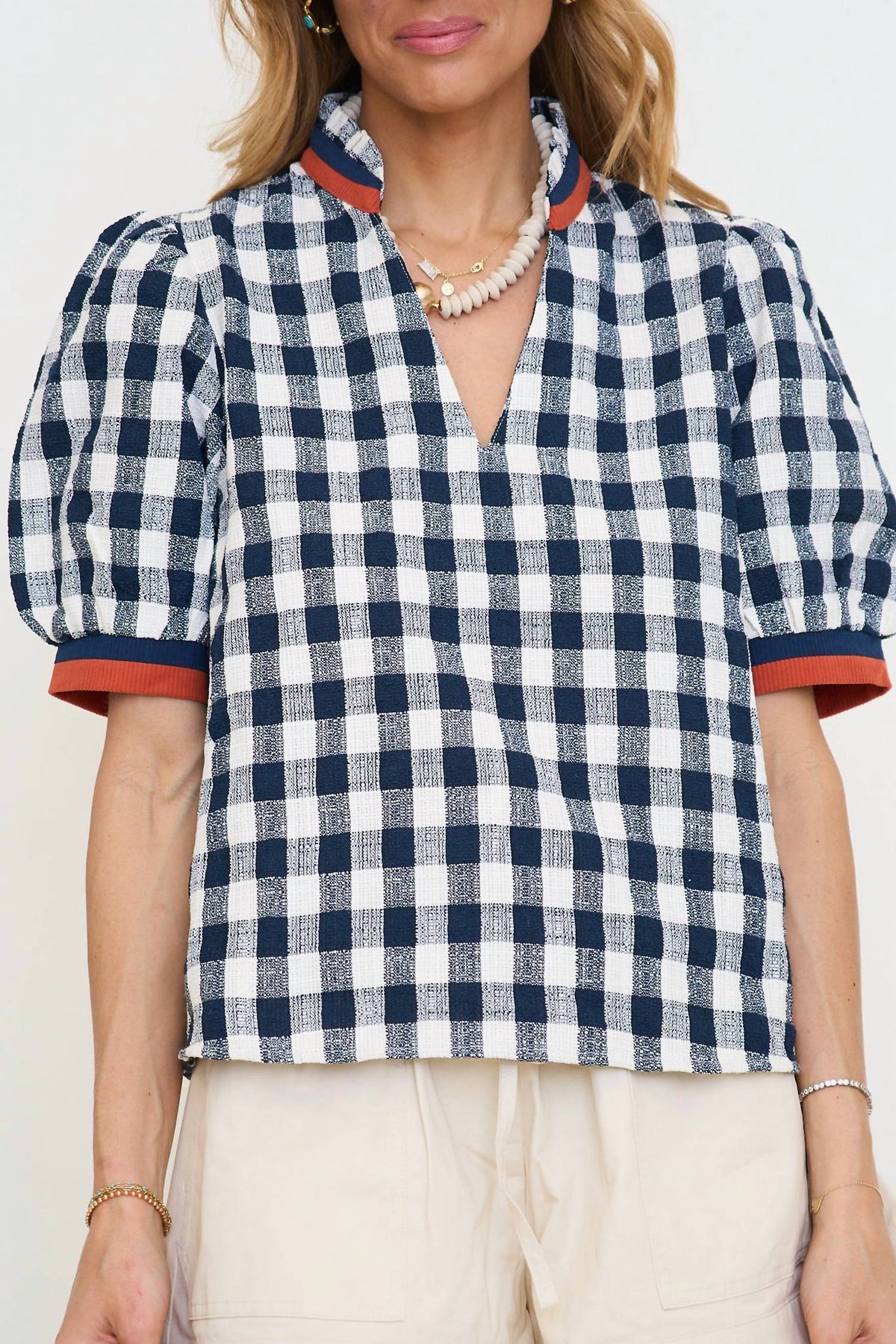 Thml - Puff Sleeve Checkered V-Neck Top