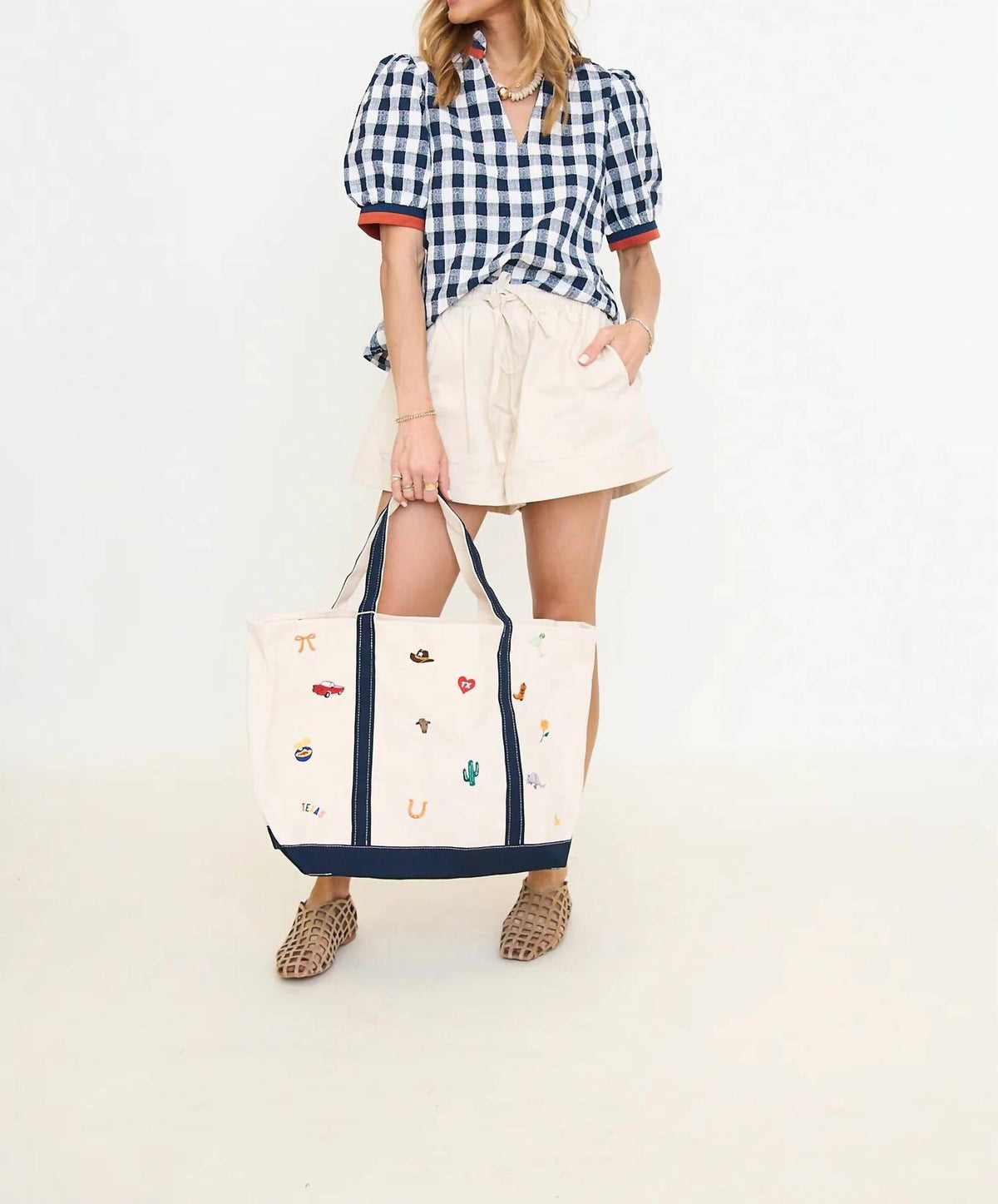 Thml - Puff Sleeve Checkered V-Neck Top