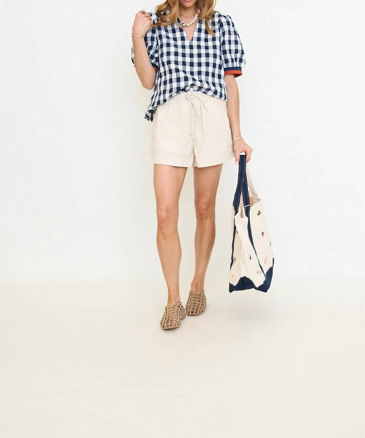 Thml - Puff Sleeve Checkered V-Neck Top