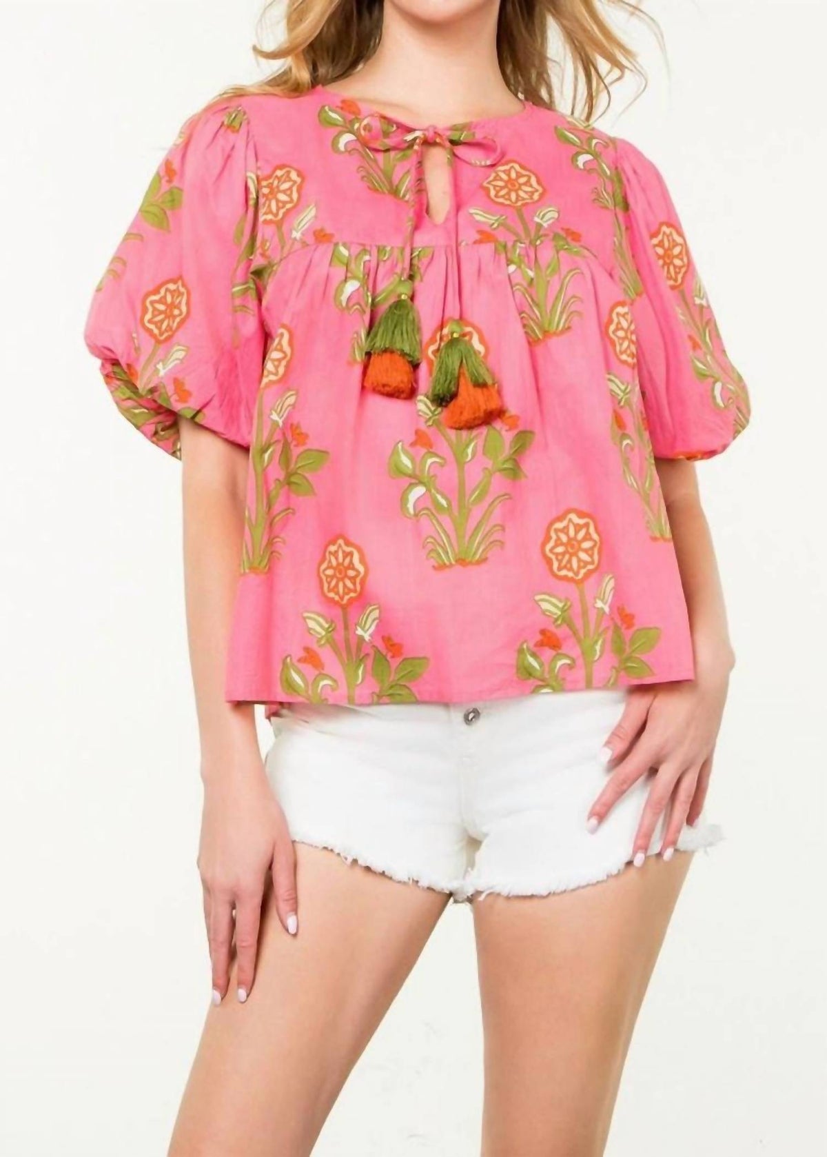 Thml - Puff Sleeve Floral Tassel Tie Top