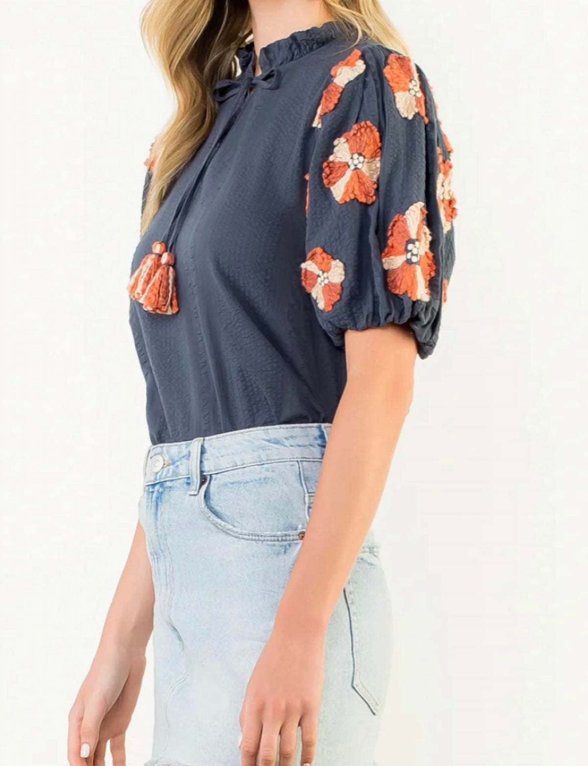 Thml - Puff Sleeve Tassel Tie Top