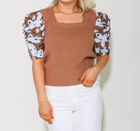 Thml - Ruched Print Sleeve Knit Top - blouses - brown - clothing