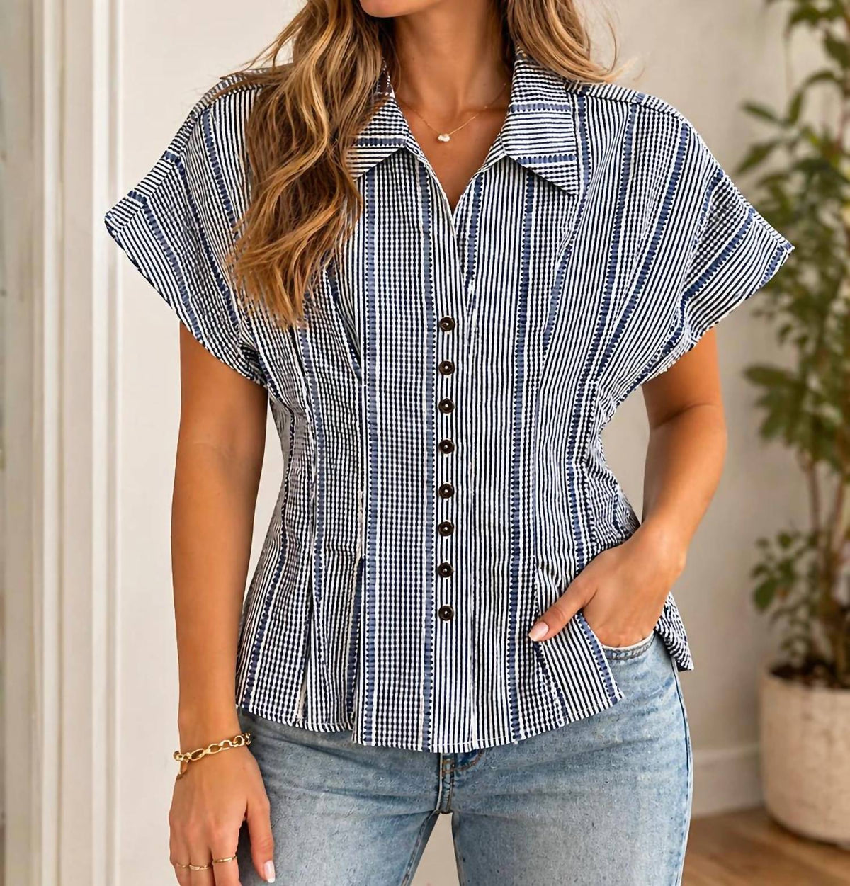 Thml - Short Sleeve Stripes Gingham Button Up Top