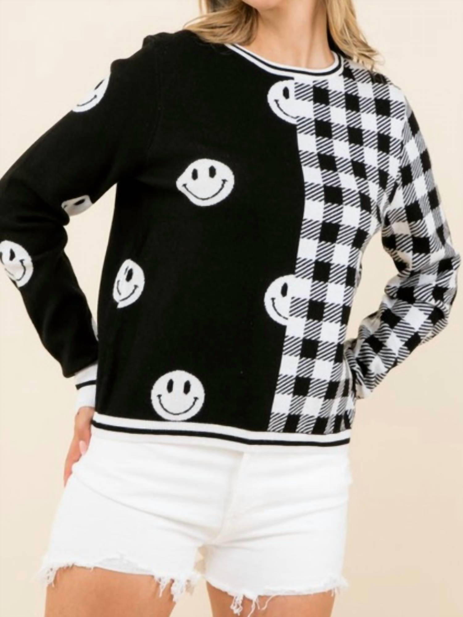 Thml - Smiley/checkered Sweater - black - cardigans - clothing