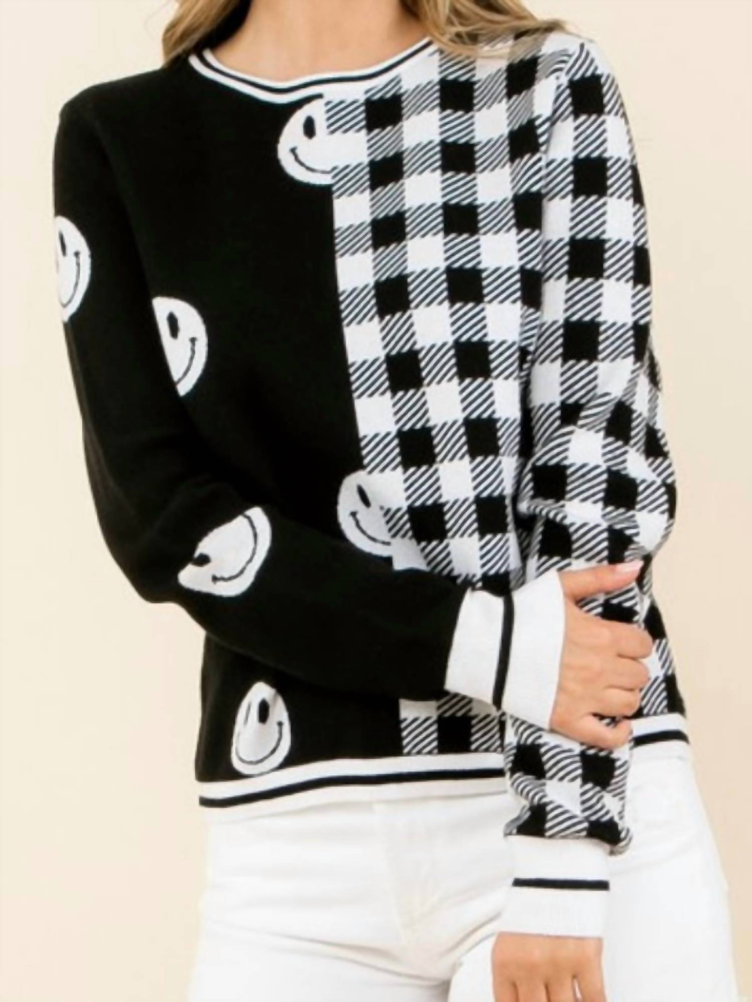 Thml - Smiley/checkered Sweater - black - cardigans - clothing