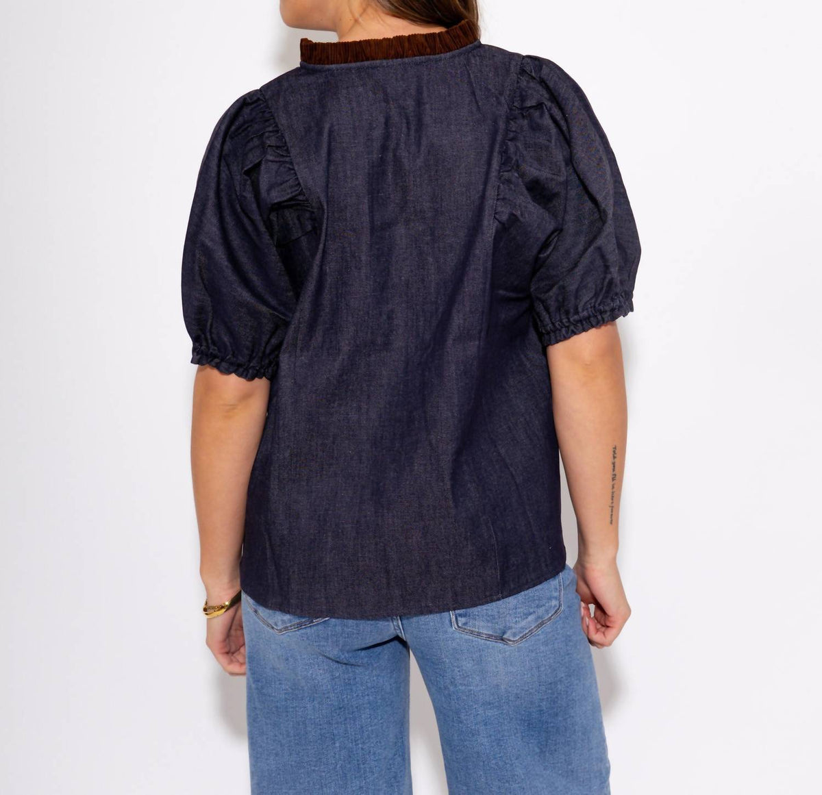 Thml - Split Neck Suede Ruffle Denim Top