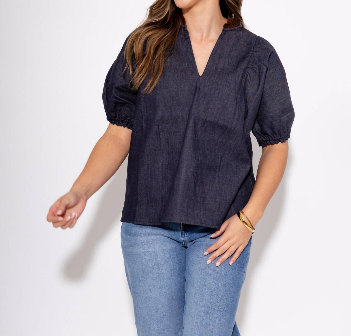 Thml - Split Neck Suede Ruffle Denim Top