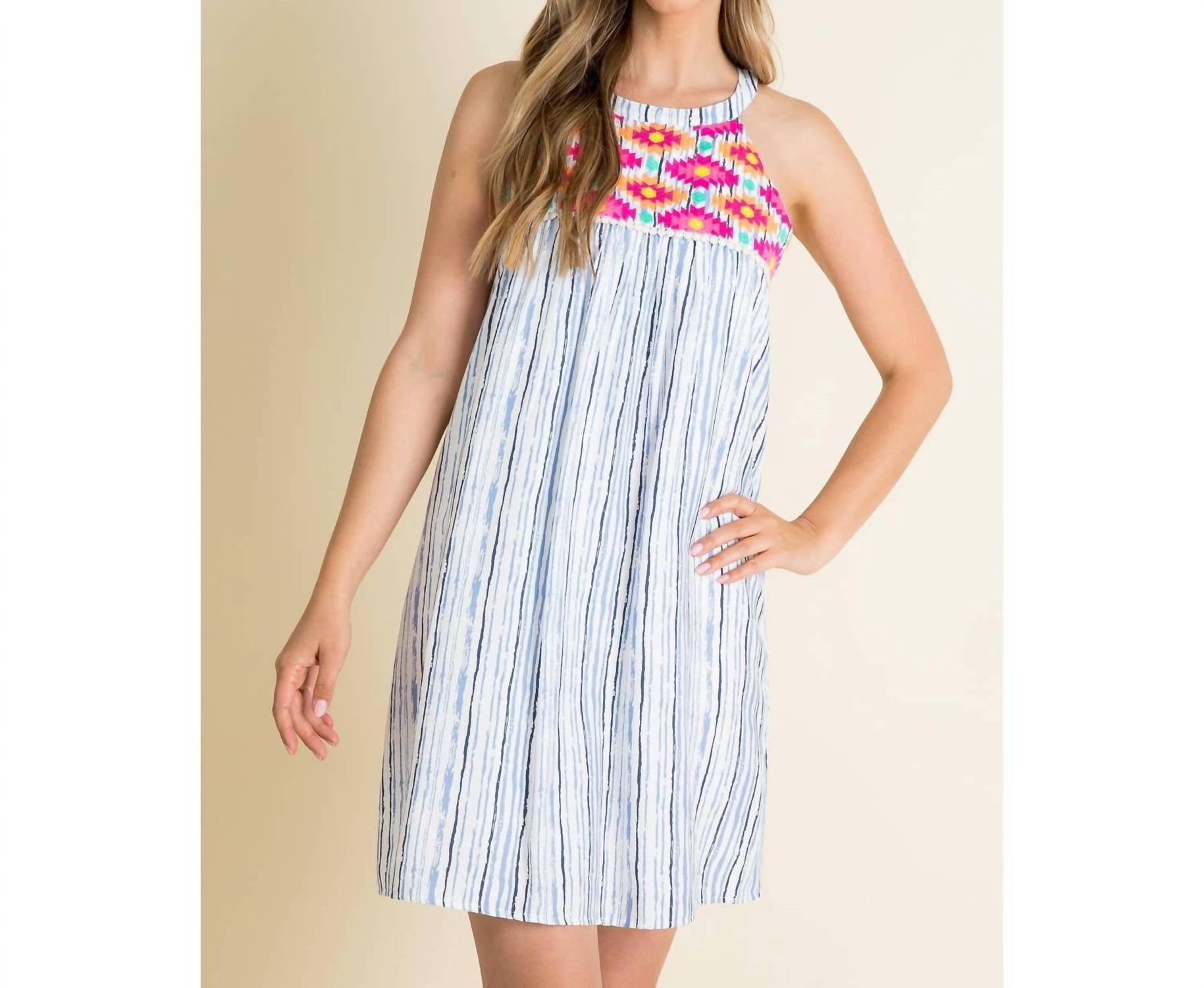 Thml - Stripe Embroidered Halter Dress - blue - clothing - dresses