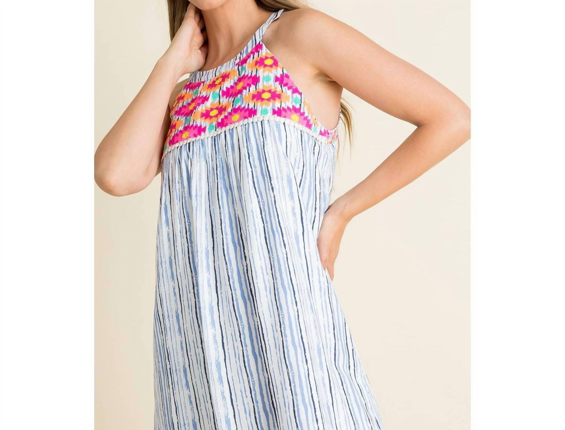 Thml - Stripe Embroidered Halter Dress - blue - clothing - dresses