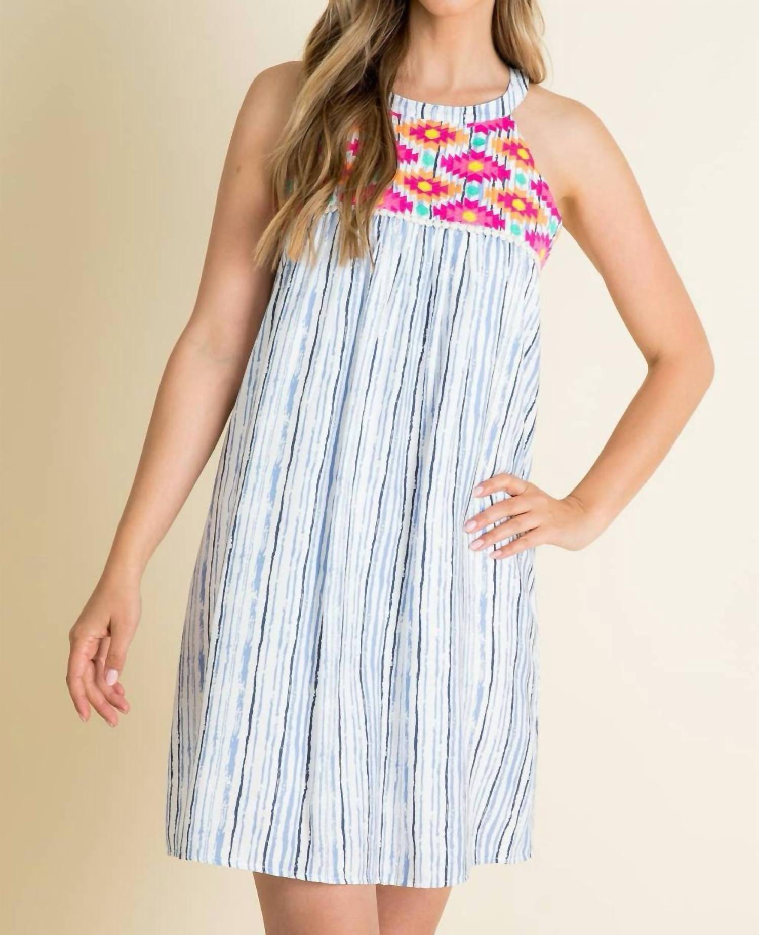 Thml - Stripe Embroidered Halter Dress - blue - clothing - dresses