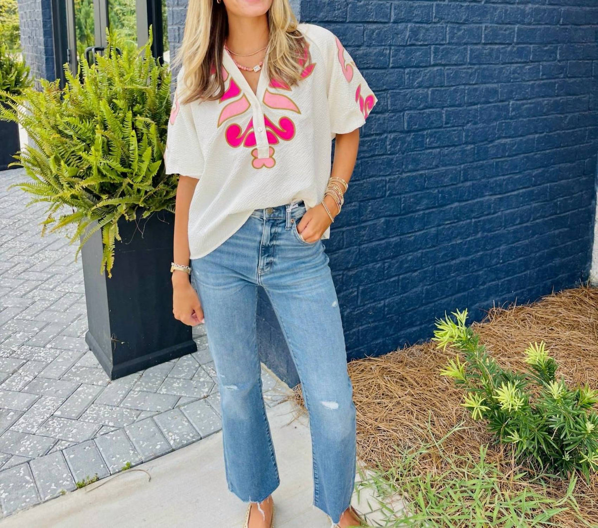 Thml - Textured Button Down Embroidered Top