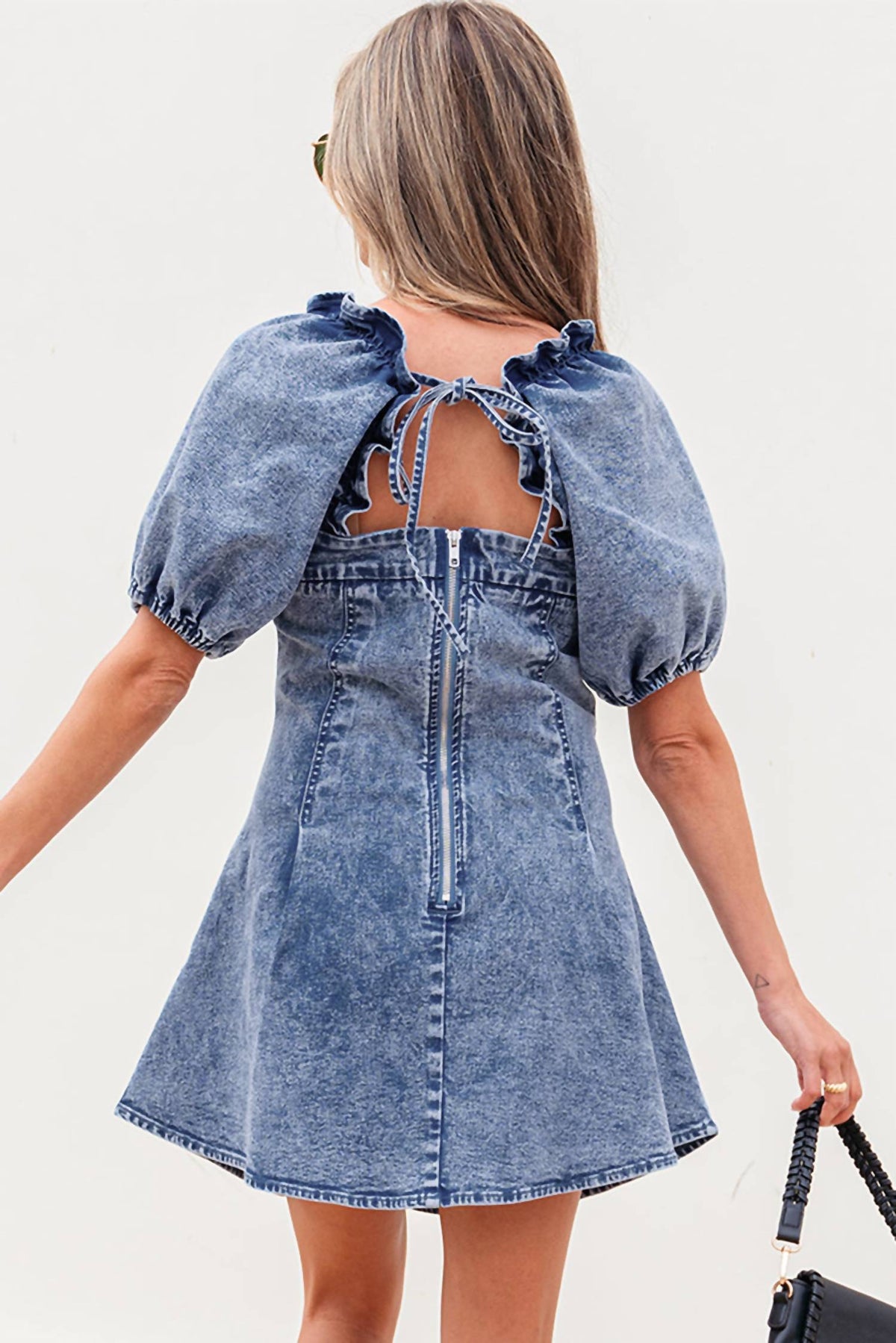 Threaded Pear - Celia Square Neck Bustier Puff Sleeve Short Denim Dress