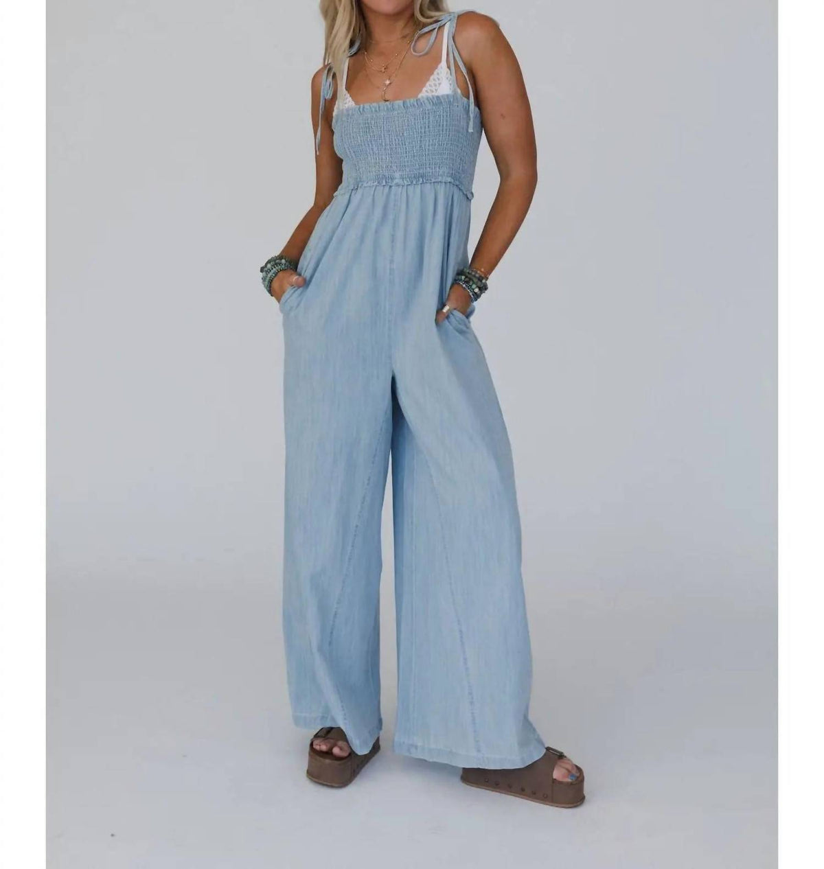Three Bird Nest - Light Washed Smocked Cotton Jumpsuit