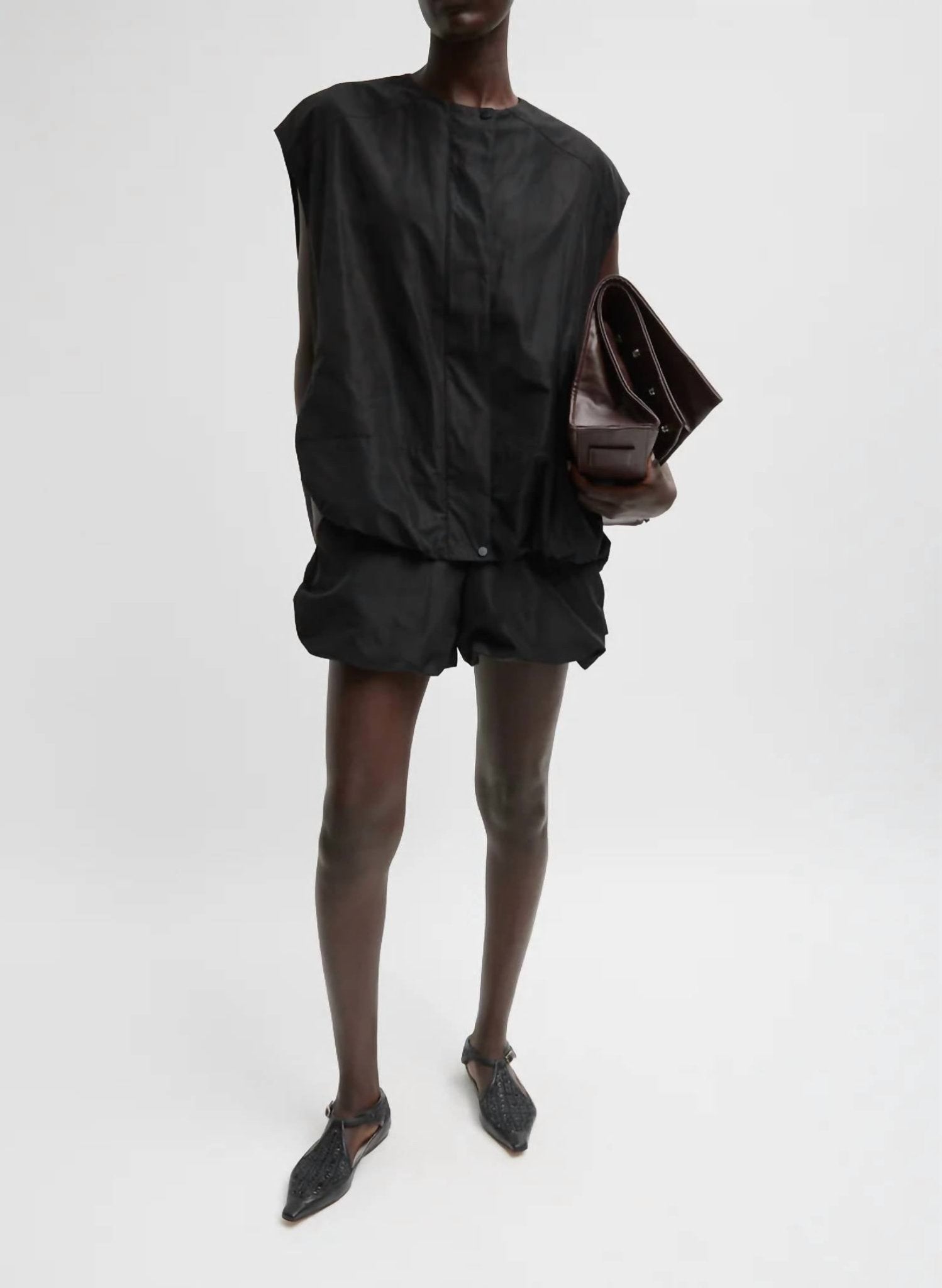 Tibi - Italian Sporty Nylon Bubble Short - black - clothing - high - waist