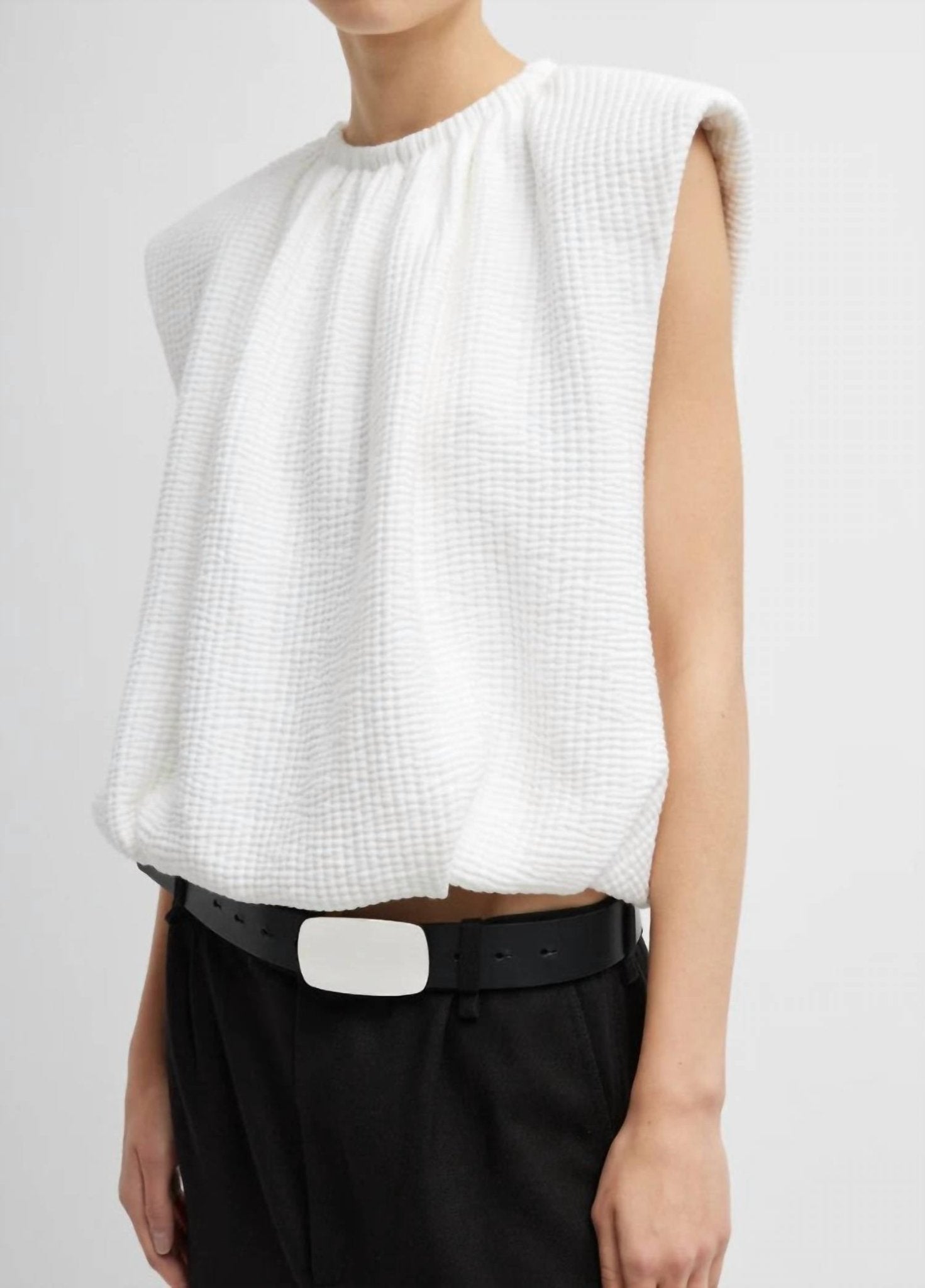Tibi - Quilted Waffle Shirred Neck Top - blouses - clothing - cotton