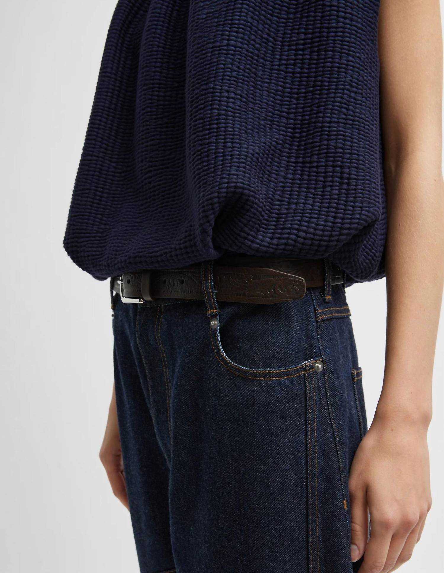 Tibi - Quilted Waffle Shirred Neck Top - blouses - blue - clothing