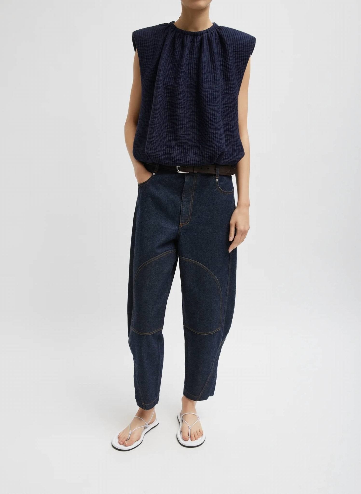 Tibi - Quilted Waffle Shirred Neck Top - blouses - blue - clothing