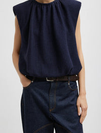 Tibi - Quilted Waffle Shirred Neck Top - blouses - blue - clothing