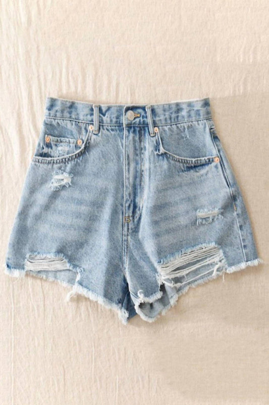 Trend:Notes - Women's Distressed Denim Shorts - blue - clothing - cotton