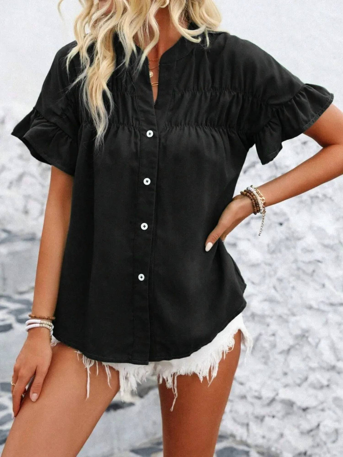 Trendsi - Button Down Ruffled Short Sleeve Shirt