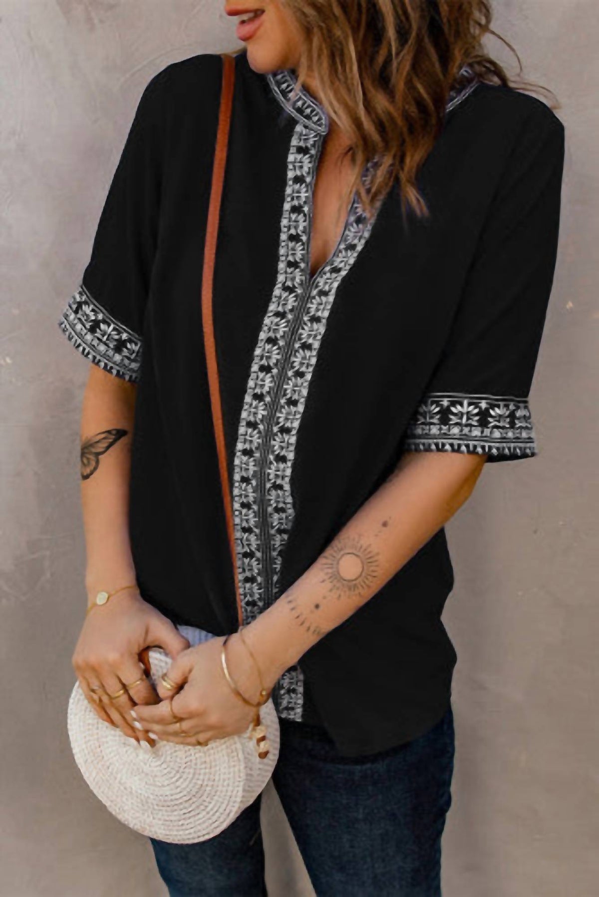 Trendsi - Chic Boho V Neckline Half Sleeve Blouse