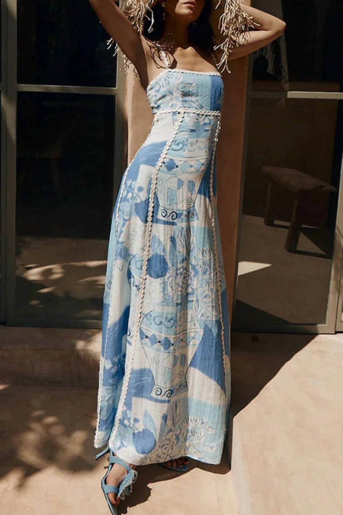 Trendsi - Cutout Back Printed Square Neck Maxi Dress