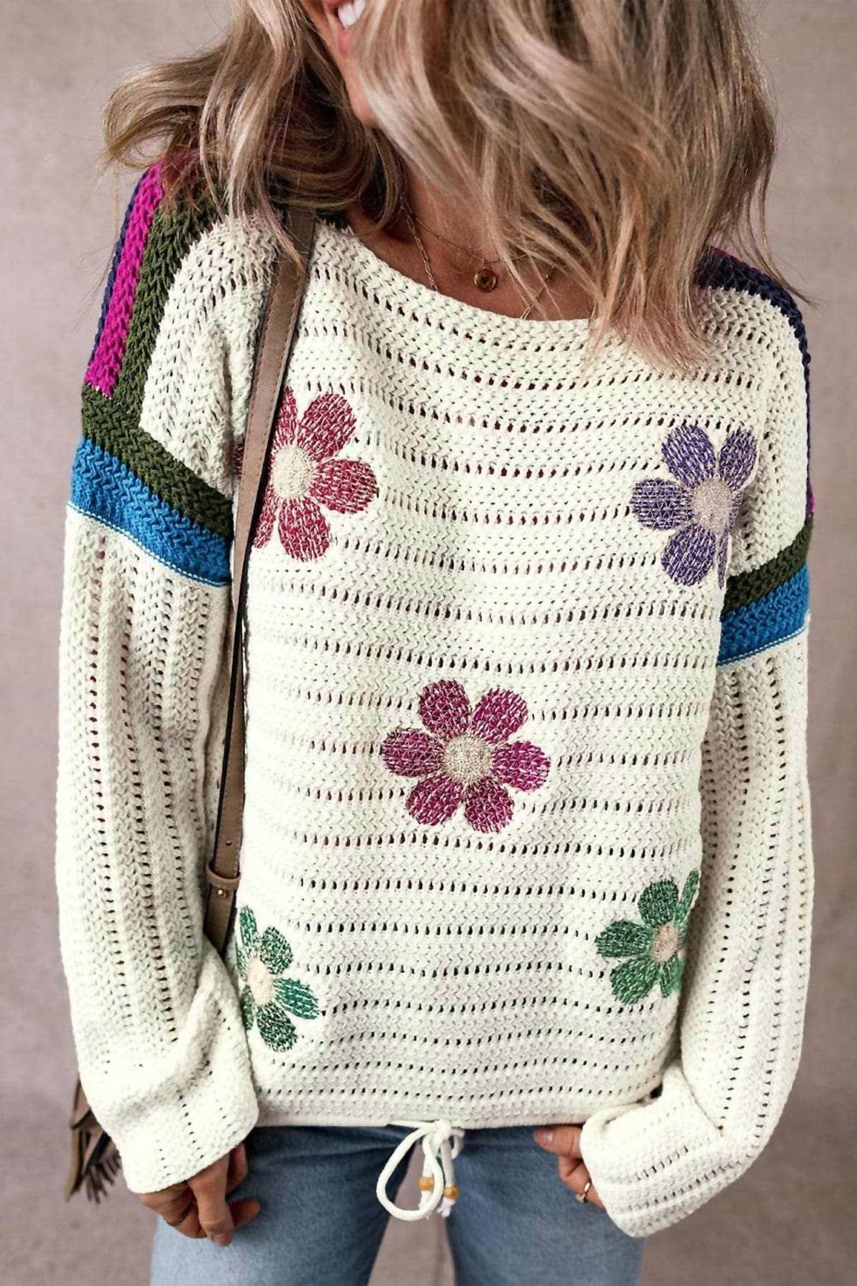 Trendsi - Floral Long Sleeve Drawstring Sweater
