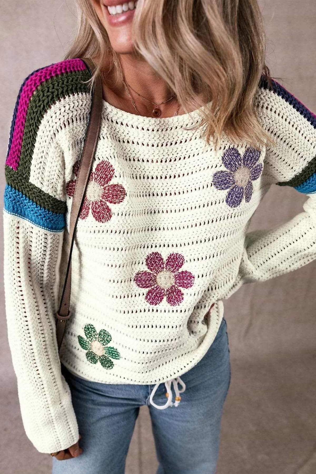 Trendsi - Floral Long Sleeve Drawstring Sweater