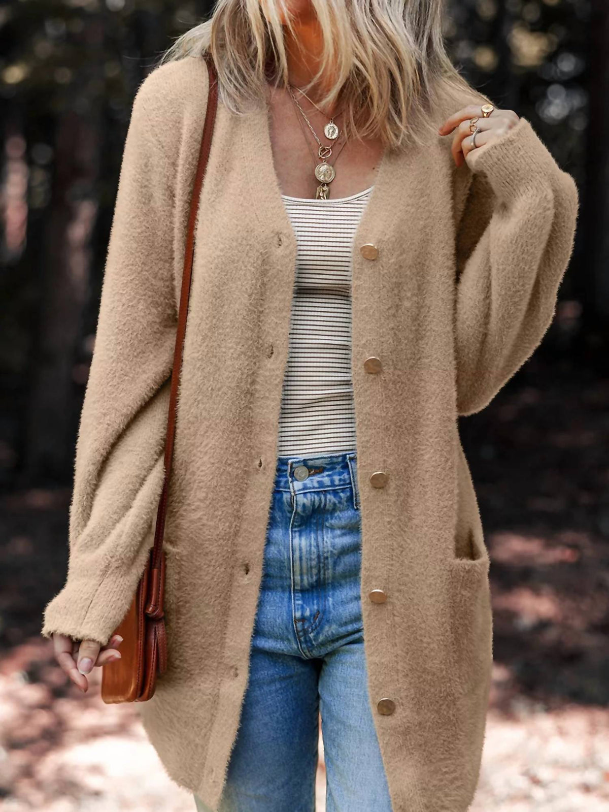 Trendsi - Fuzzy Buttoned Cardigan