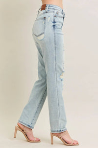 Trendsi - Judy Blue Full Size Mr Repair Stitch Detail Destroy Single Cuff Bf Jeans Plus Size - blue - clothing - cotton - blend