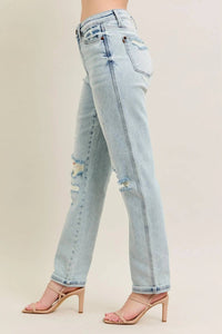 Trendsi - Judy Blue Full Size Mr Repair Stitch Detail Destroy Single Cuff Bf Jeans Plus Size - blue - clothing - cotton - blend