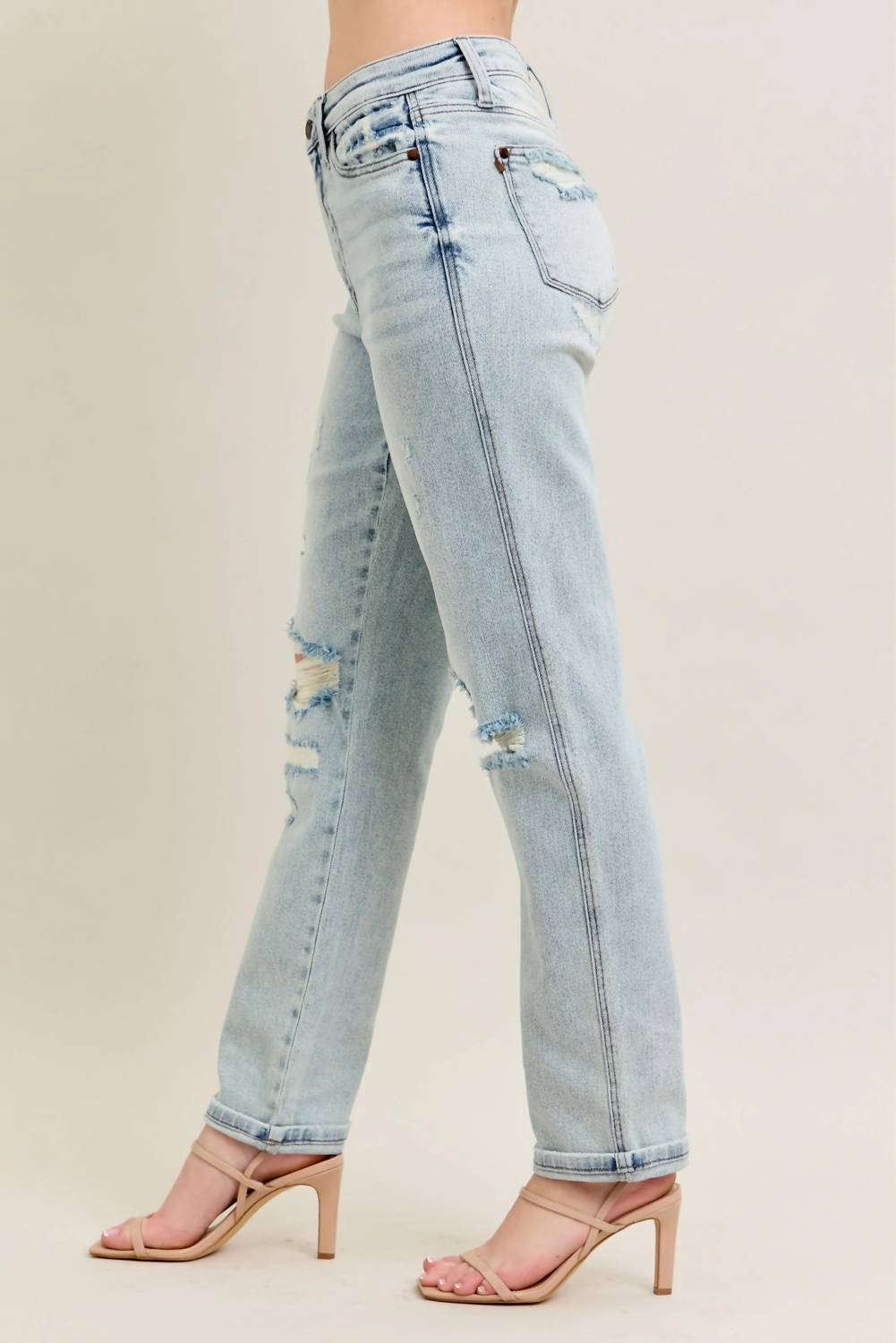 Trendsi - Judy Blue Full Size Mr Repair Stitch Detail Destroy Single Cuff Bf Jeans Plus Size - blue - clothing - cotton - blend
