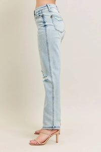 Trendsi - Judy Blue Full Size Mr Repair Stitch Detail Destroy Single Cuff Bf Jeans Plus Size - blue - clothing - cotton - blend