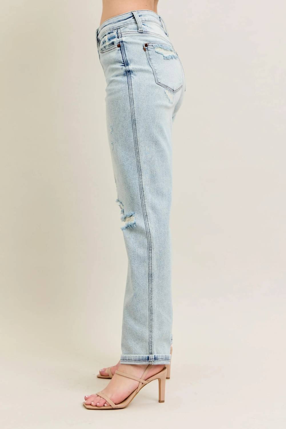 Trendsi - Judy Blue Full Size Mr Repair Stitch Detail Destroy Single Cuff Bf Jeans Plus Size - blue - clothing - cotton - blend