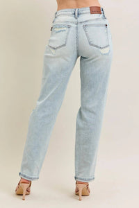 Trendsi - Judy Blue Full Size Mr Repair Stitch Detail Destroy Single Cuff Bf Jeans Plus Size - blue - clothing - cotton - blend
