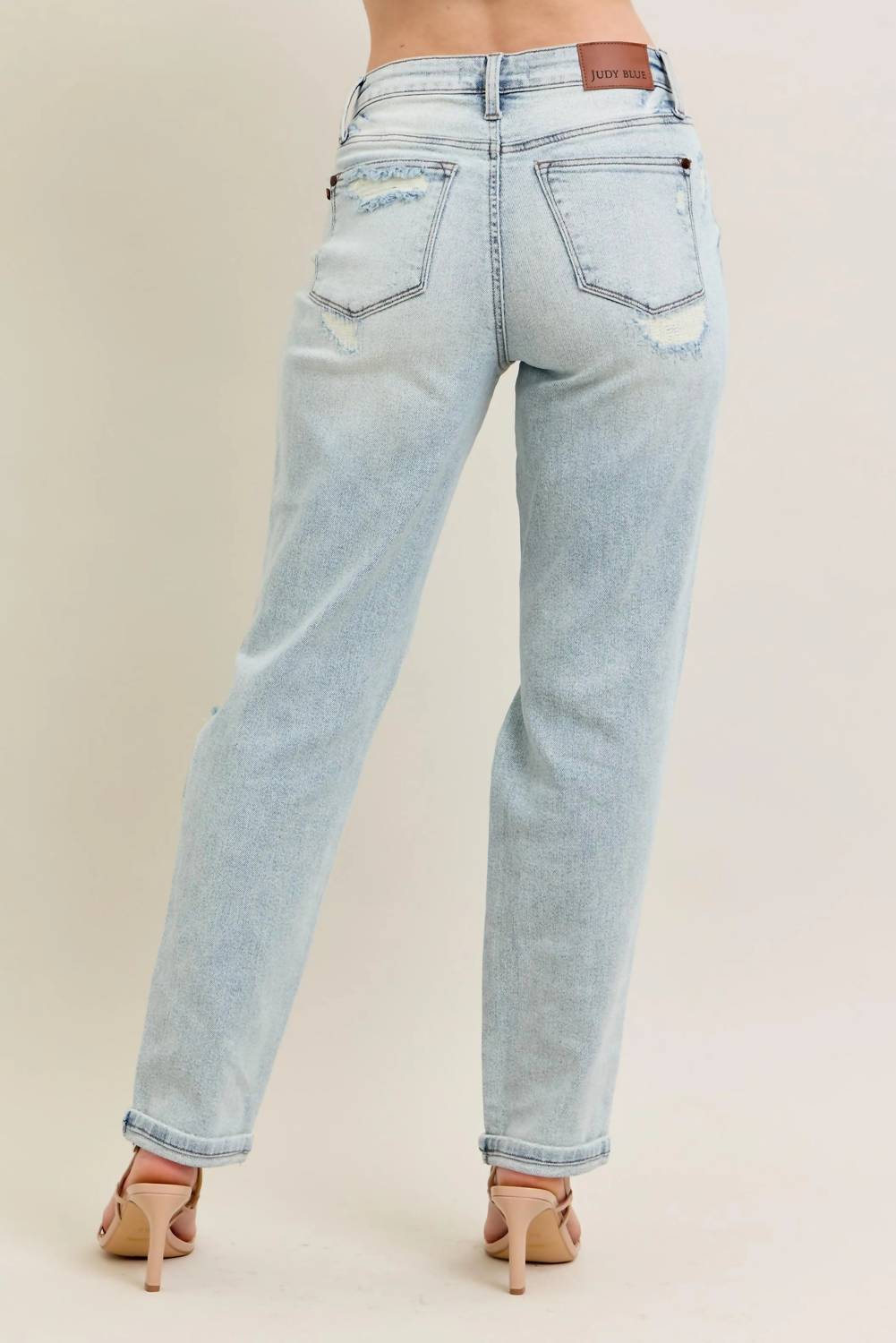 Trendsi - Judy Blue Full Size Mr Repair Stitch Detail Destroy Single Cuff Bf Jeans Plus Size - blue - clothing - cotton - blend