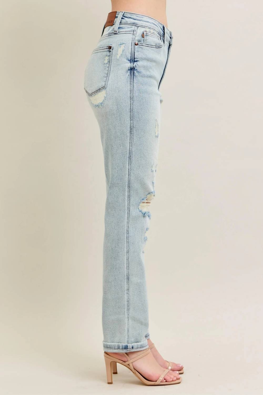 Trendsi - Judy Blue Full Size Mr Repair Stitch Detail Destroy Single Cuff Bf Jeans Plus Size - blue - clothing - cotton - blend