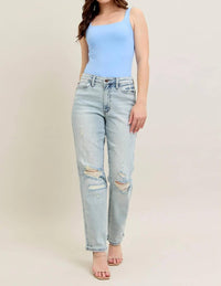 Trendsi - Judy Blue Full Size Mr Repair Stitch Detail Destroy Single Cuff Bf Jeans Plus Size - blue - clothing - cotton - blend