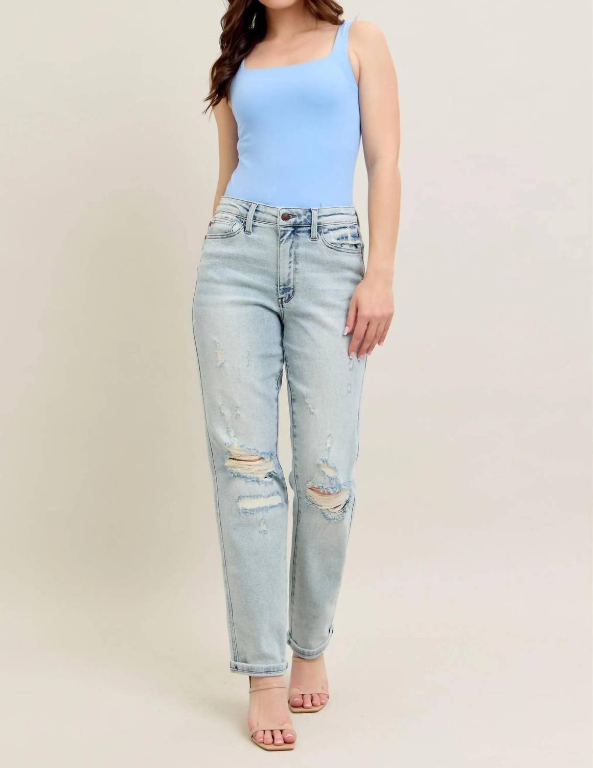Trendsi - Judy Blue Full Size Mr Repair Stitch Detail Destroy Single Cuff Bf Jeans Plus Size - blue - clothing - cotton - blend