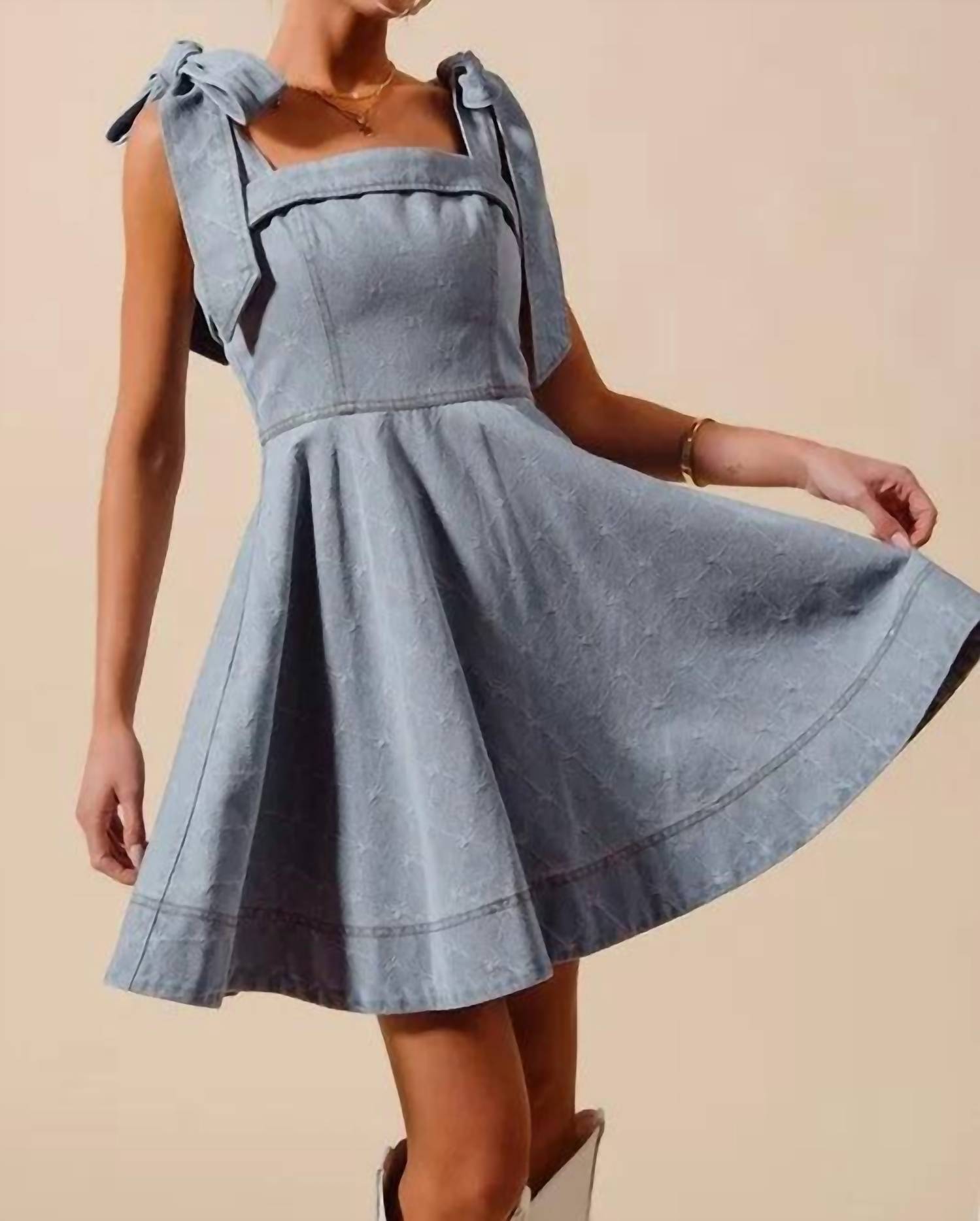Trendsi - So Me A Line Fit And Flare Diamond Bow Ribbon Denim Dres - blue - clothing - cotton - blend