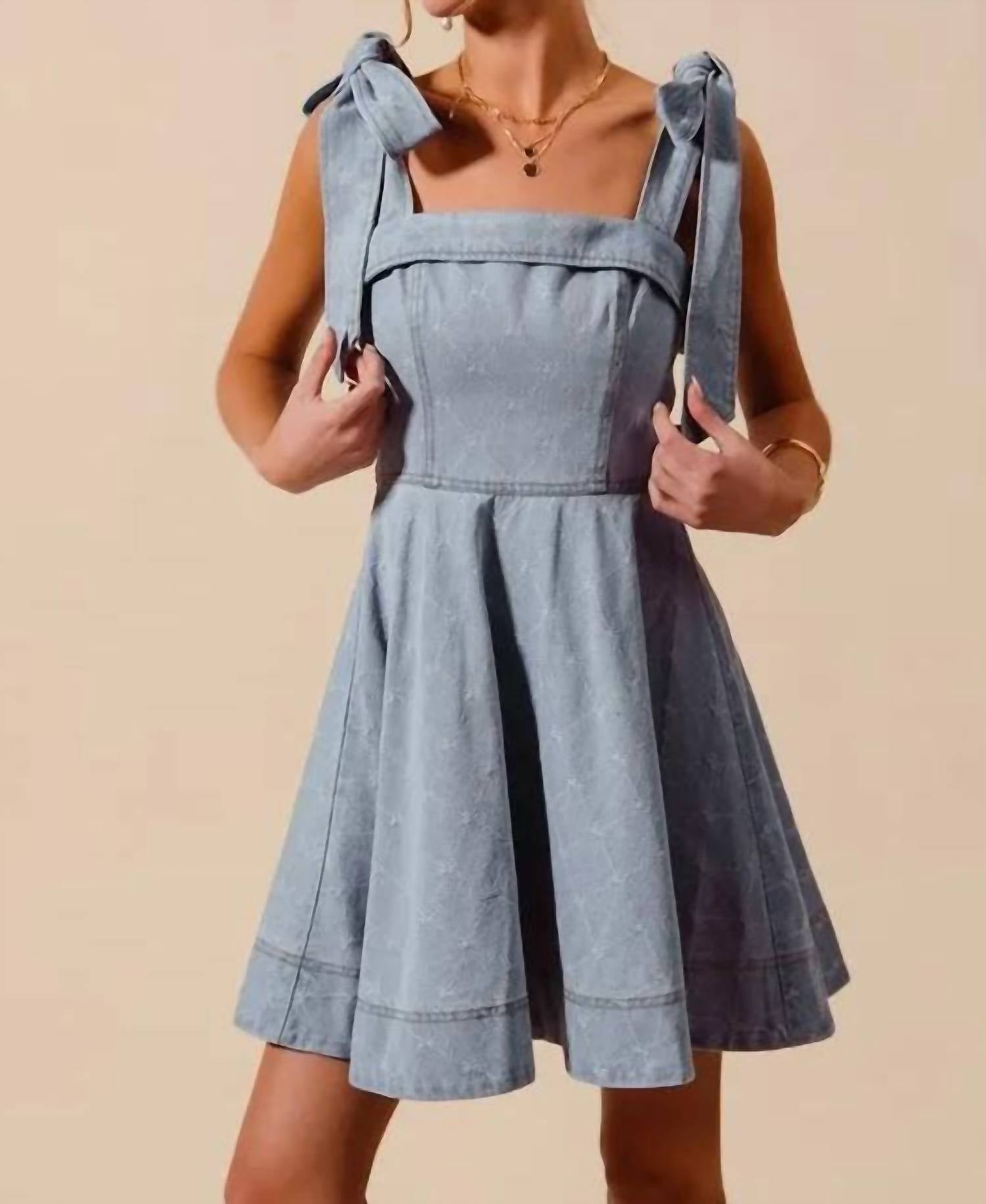 Trendsi - So Me A Line Fit And Flare Diamond Bow Ribbon Denim Dres - blue - clothing - cotton - blend