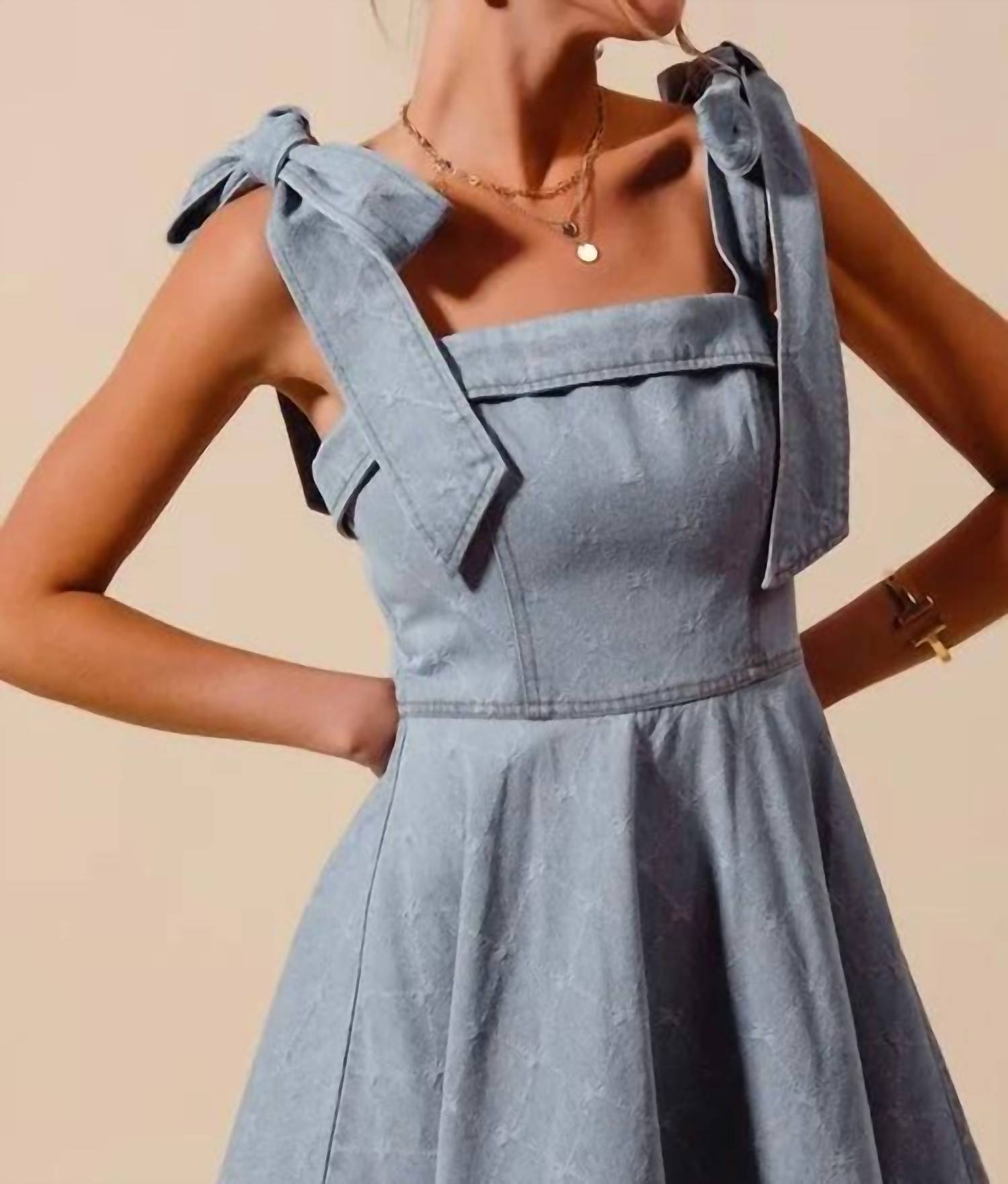 Trendsi - So Me A Line Fit And Flare Diamond Bow Ribbon Denim Dres - blue - clothing - cotton - blend